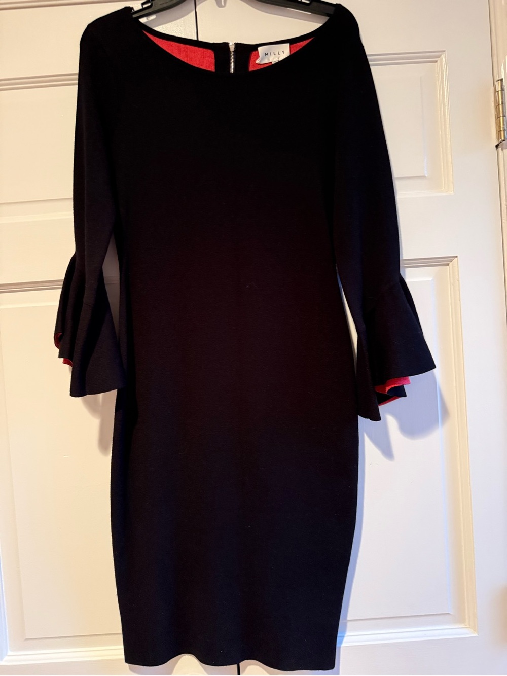 Milly Black Midi Dress with Red Trim — Bell Sleeve Shift